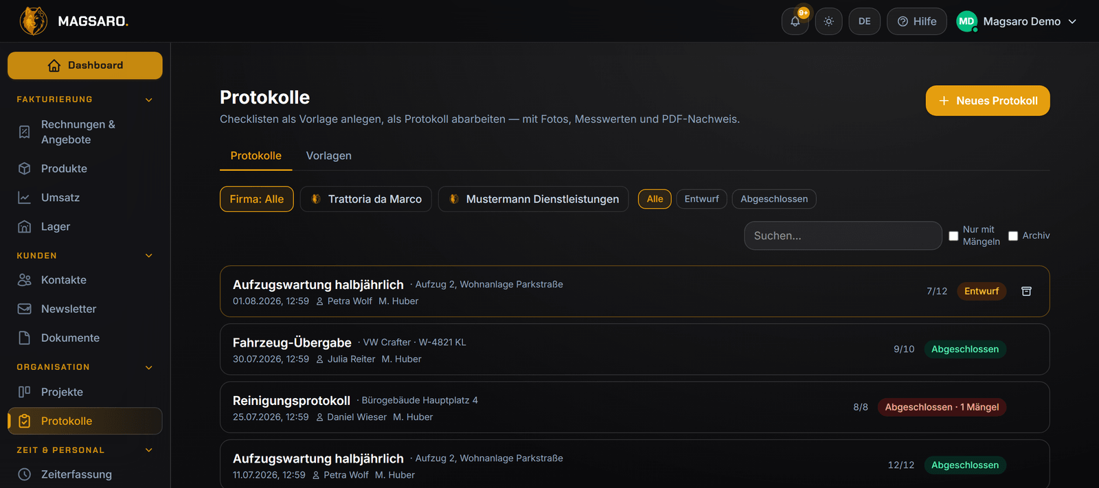Protokoll-Liste mit Status und Mangel-Markierungen