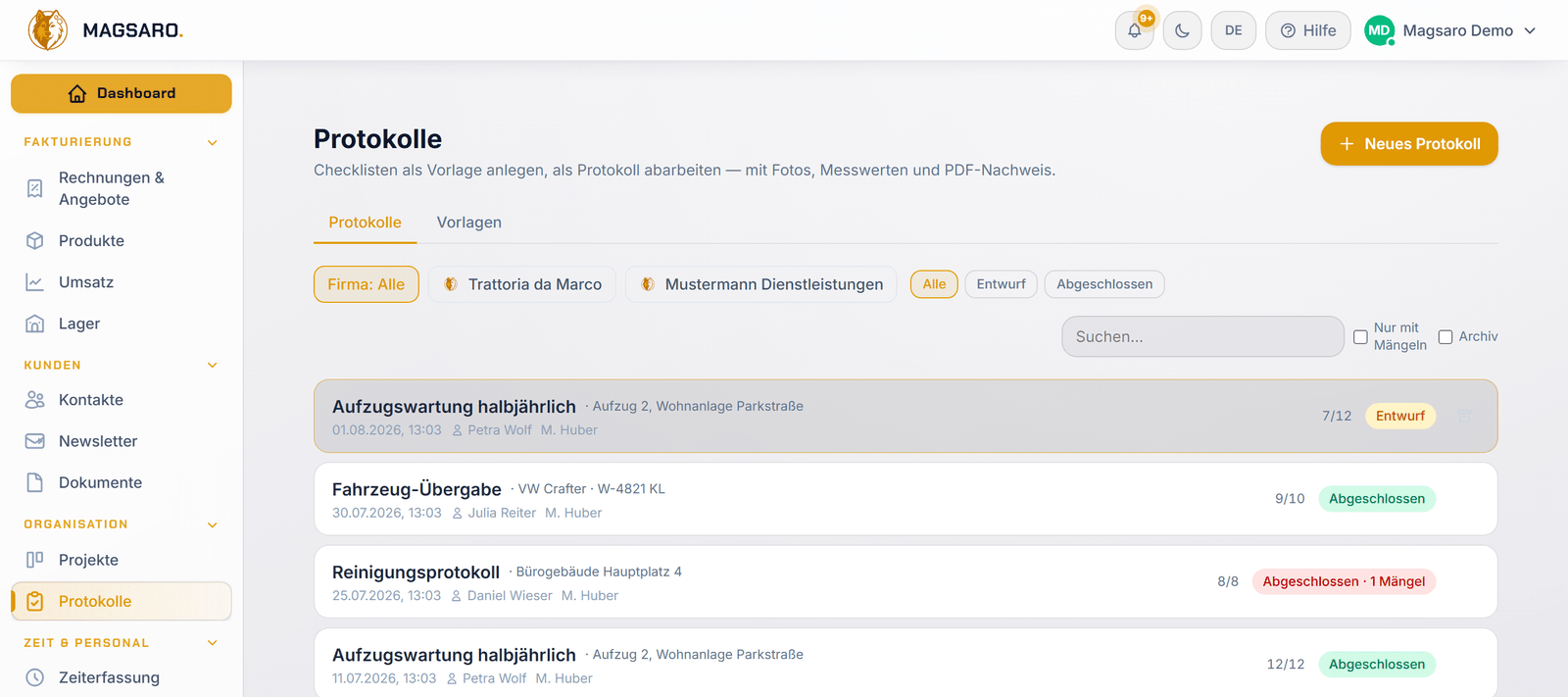 Protokoll-Liste mit Status und Mangel-Markierungen